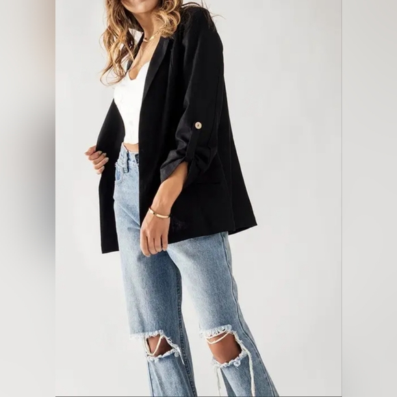 #385 SALE 🛑S,M Boho Linen Open Front Roll Tab Sleeve Blazer - Picture 7 of 16